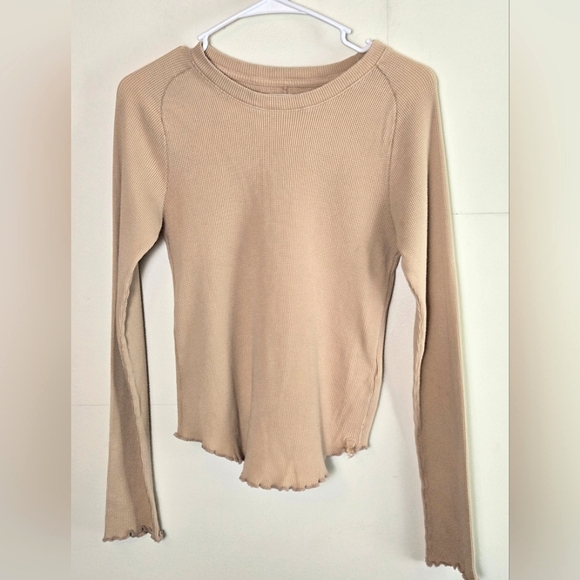Free People Easy Does It Waffle Knit Y2K Inspired Ruffle Hem Top, Small - Picture 2 of 5